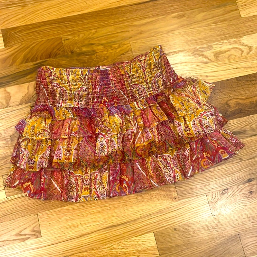 Zara mini skirt tiered ruffle pink yellow chiffon medium